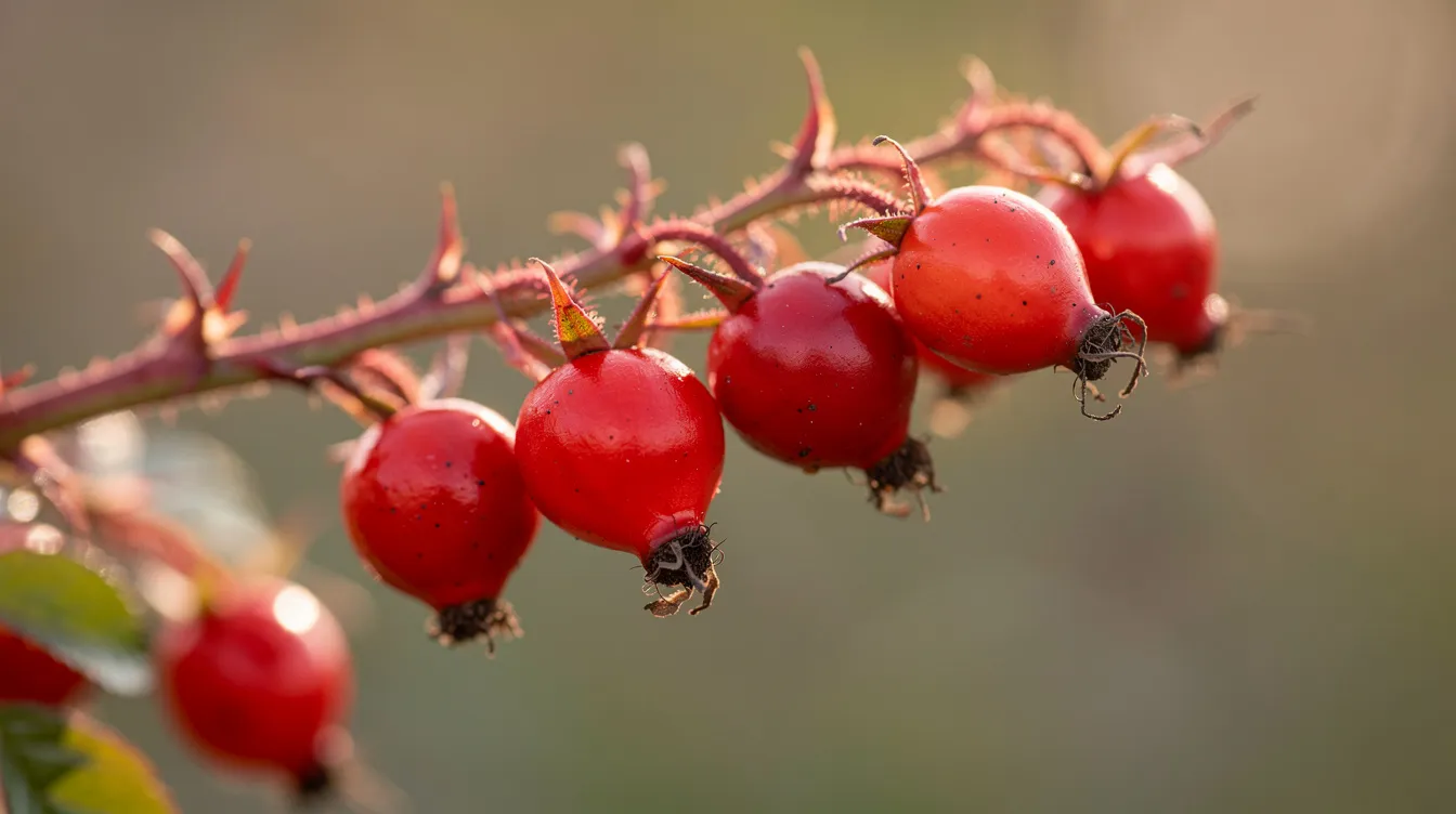 The image features a close-up view of wild rose hips growing on a thorny branch, illuminated by soft natural lighting. These rose hips, from the rosa canina plant, are rich in skin-loving nutrients like vitamin C and essential fatty acids, making them beneficial for improving skin tone and texture, and promoting healthy skin.