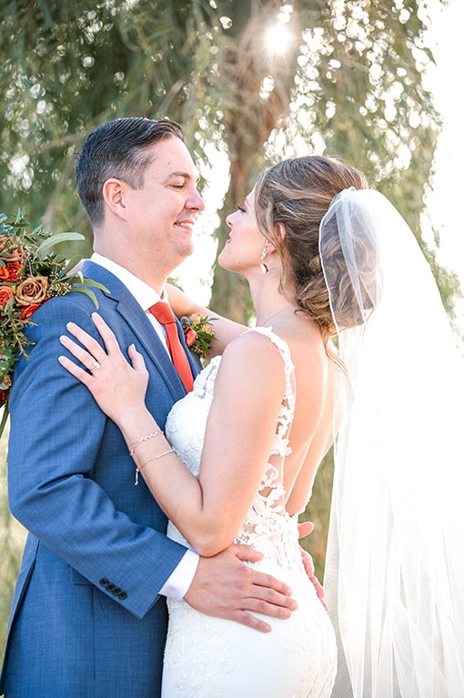 First look moment between the bride and groom captured during couple portraits.