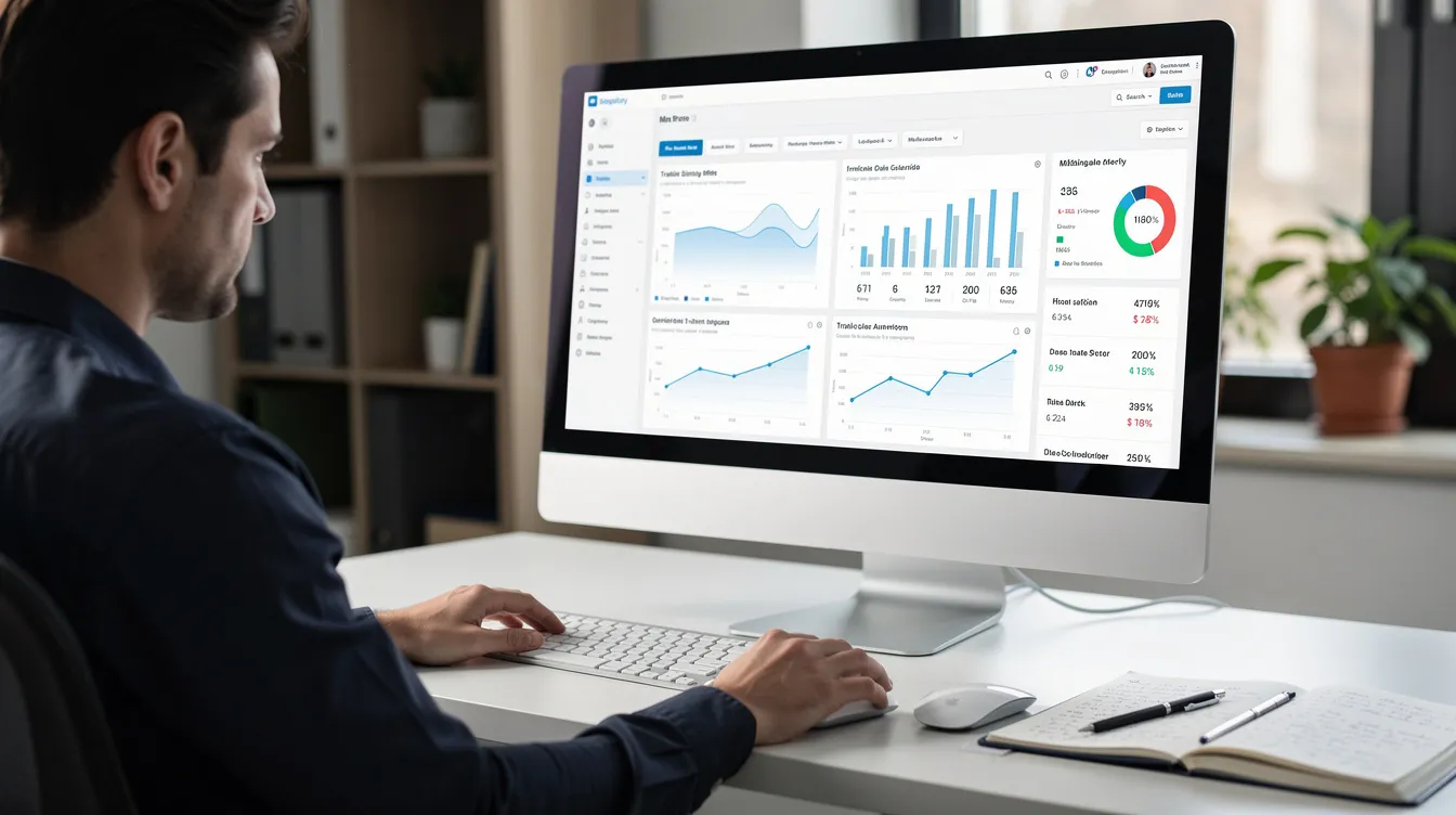 A person is sitting at a desk, focused on analyzing website data displayed on their computer screen, which includes insights from Google Analytics and Google Search Console. The screen shows various metrics related to search engine optimization (SEO), including page titles, meta descriptions, and organic traffic statistics for their Squarespace website.
