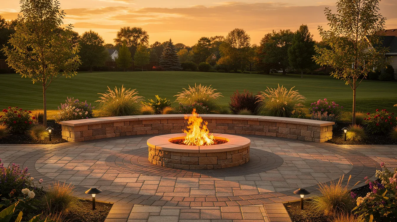 The image shows a beautifully completed paver patio featuring a built-in stone fire pit and a low seat wall, all surrounded by a landscaped backyard at sunset. The patio is crafted with various sizes and colors of durable paving stones, creating a warm and inviting outdoor space perfect for gatherings.