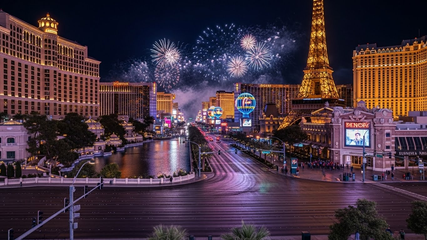 Massive New Year’s Eve beach club party in Bali with fireworks, palm trees, and a large dancing crowd at night.