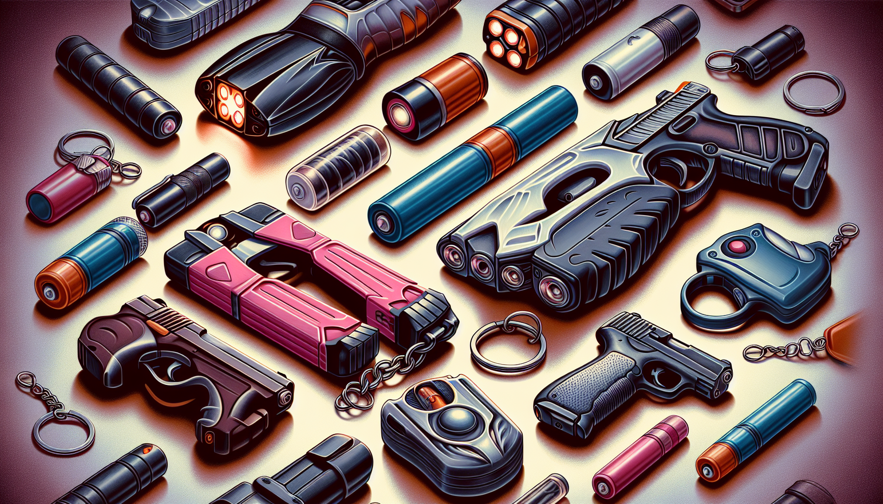 A variety of wholesale self defense products displayed together.