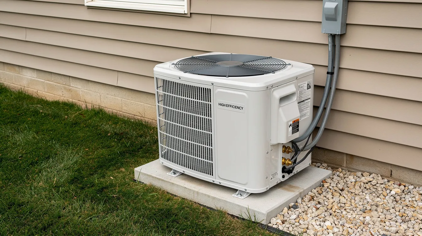 The image shows a modern high-efficiency air conditioner outdoor unit installed beside a residential home, emphasizing its energy efficiency and dependable cooling capabilities. This 4-ton AC unit is designed for reliable operation and long-term performance, making it a suitable choice for homeowners in Texas looking to reduce energy bills and qualify for tax credits.