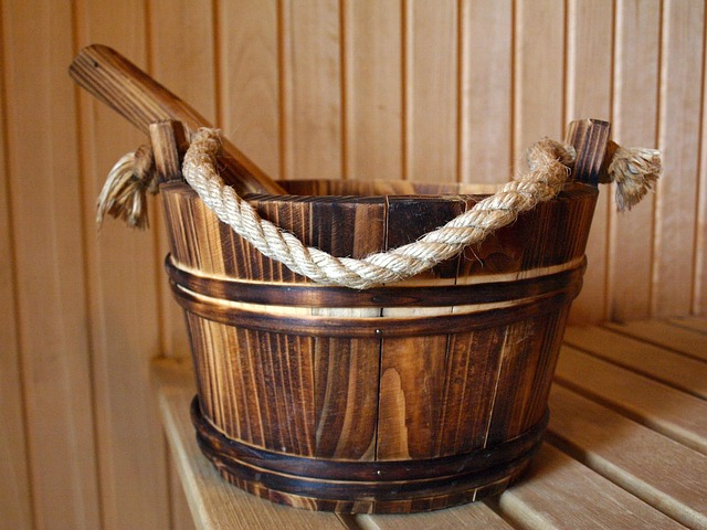 sauna, water bucket, wooden bucket