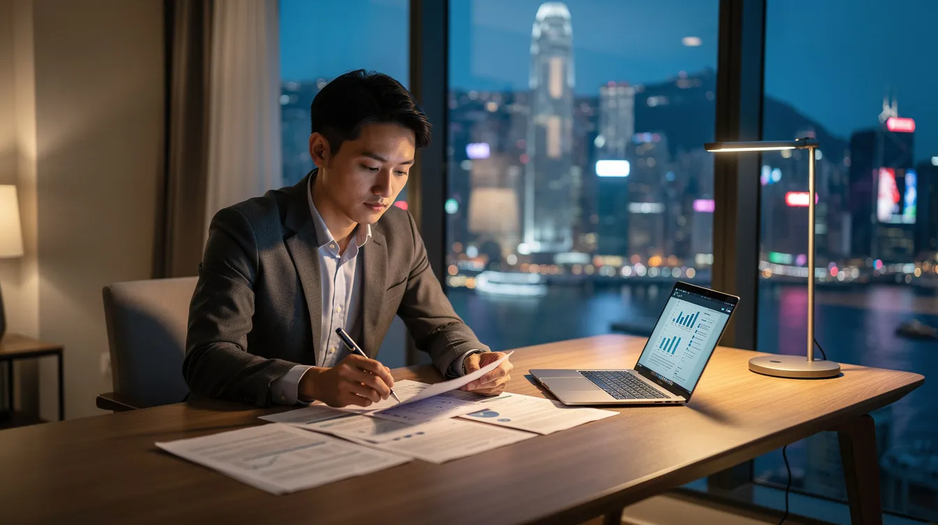 A young professional is seated at a sleek desk in a modern Hong Kong apartment, intently reviewing documents while a laptop is open in front of them. The workspace is well-organized, reflecting a focus on financial matters such as loan applications and credit reports.