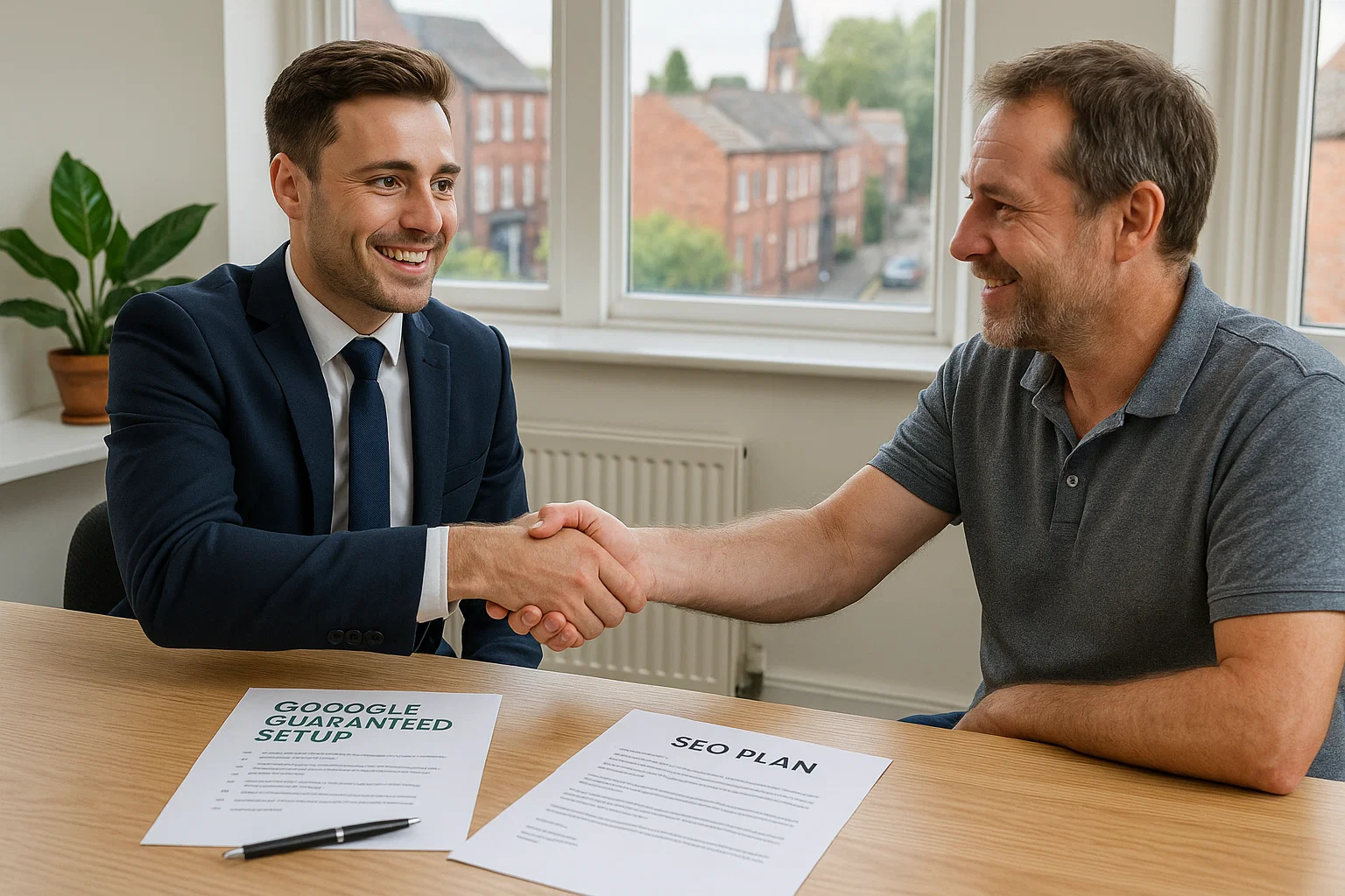 Marketing consultant and Stockport business owner finalising an SEO and Google Guaranteed strategy plan.