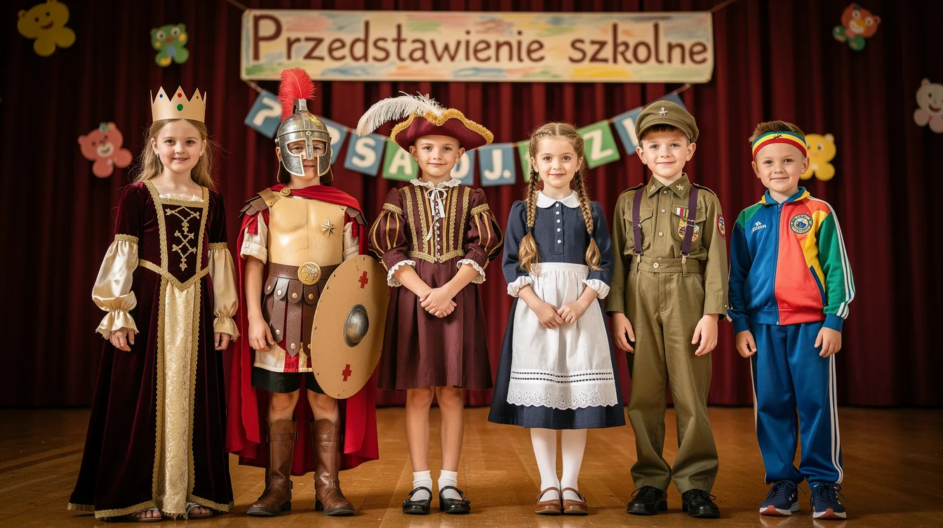 Na szkolnej scenie stoi grupa dzieci przebranych w kostiumy z różnych epok, co tworzy wyjątkową atmosferę podczas uroczystości jubileuszu szkoły. Dzieci prezentują się w strojach historycznych, co przypomina o przeszłości i życiu szkolnym, a w tle można dostrzec dekoracje związane z tym wyjątkowym wydarzeniem.