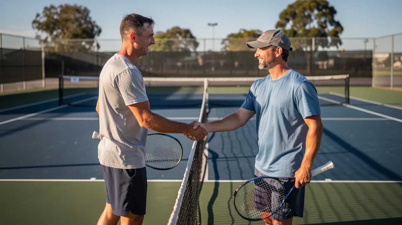 Two recreational tennis players are shaking hands at the net of an outdoor hard court after finishing their match, celebrating the conclusion of their friendly competition. The scene captures the spirit of sportsmanship typical in tennis matches, where players often acknowledge each other's efforts after keeping score throughout the game.