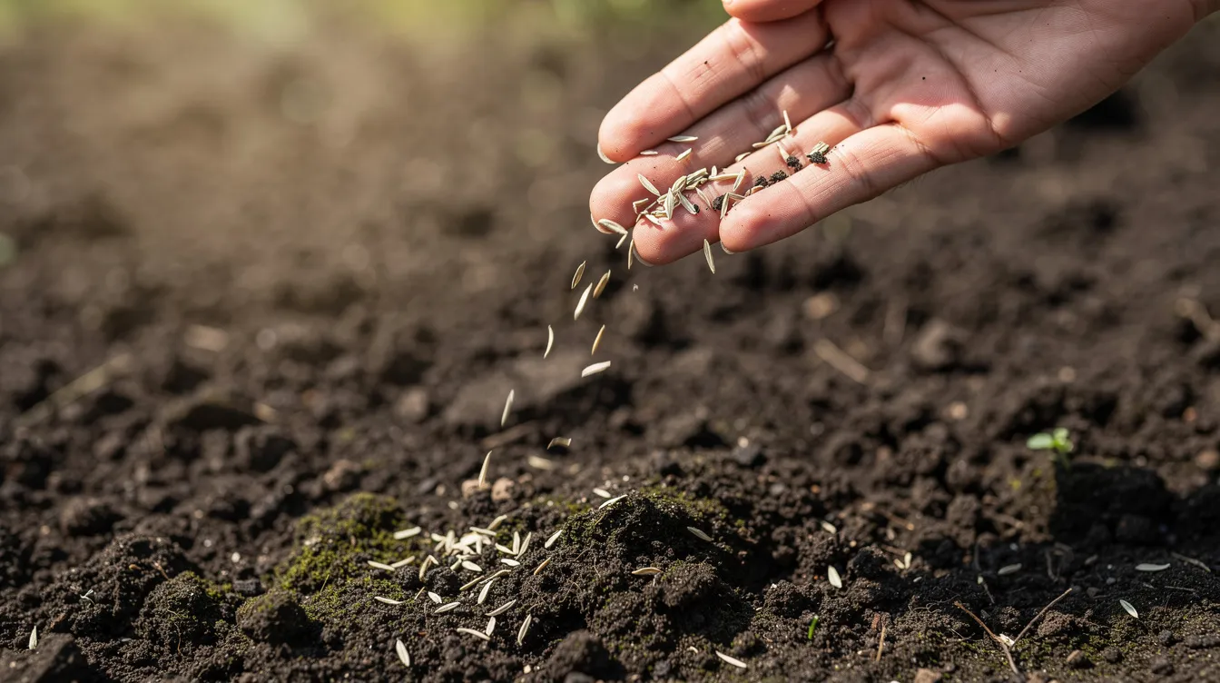 A close-up image shows a hand scattering grass seeds over freshly prepared dark garden soil, ready for planting. The texture of the soil contrasts with the small, round seeds, highlighting the beginning of a lush lawn in an outdoor space.