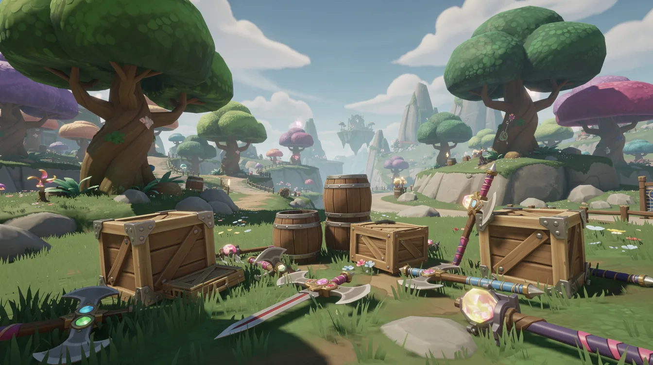 The image depicts a vibrant fantasy game environment filled with various stylized 3D props, including barrels, crates, and weapons, all scattered across a colorful landscape. This scene showcases the potential of AI-generated models and can serve as reference art for game developers and creators working on commercial projects.