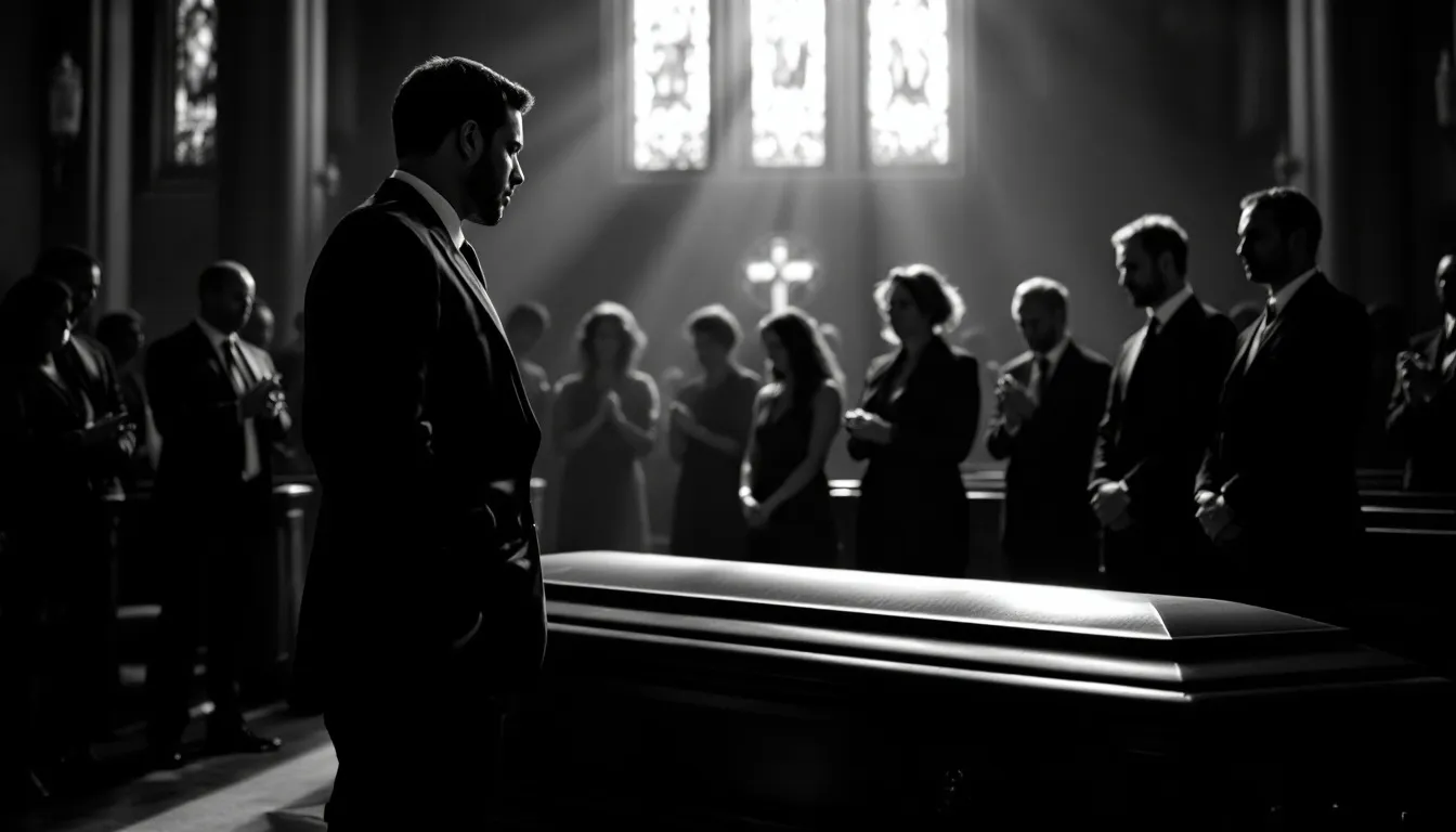 Der Ablauf einer stillen Beerdigung mit einem Bestatter und Trauergästen.