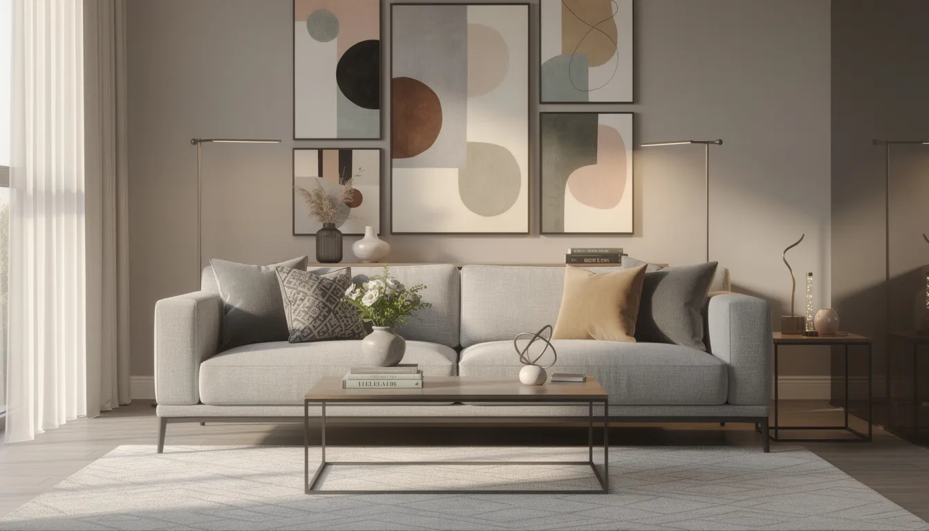 The image features a stylish small living room designed to maximize floor space, showcasing a modern sofa paired with decorative accessories and wall art. Large windows allow natural light to flood the space, creating a warm and inviting atmosphere perfect for multiple activities and family gatherings.