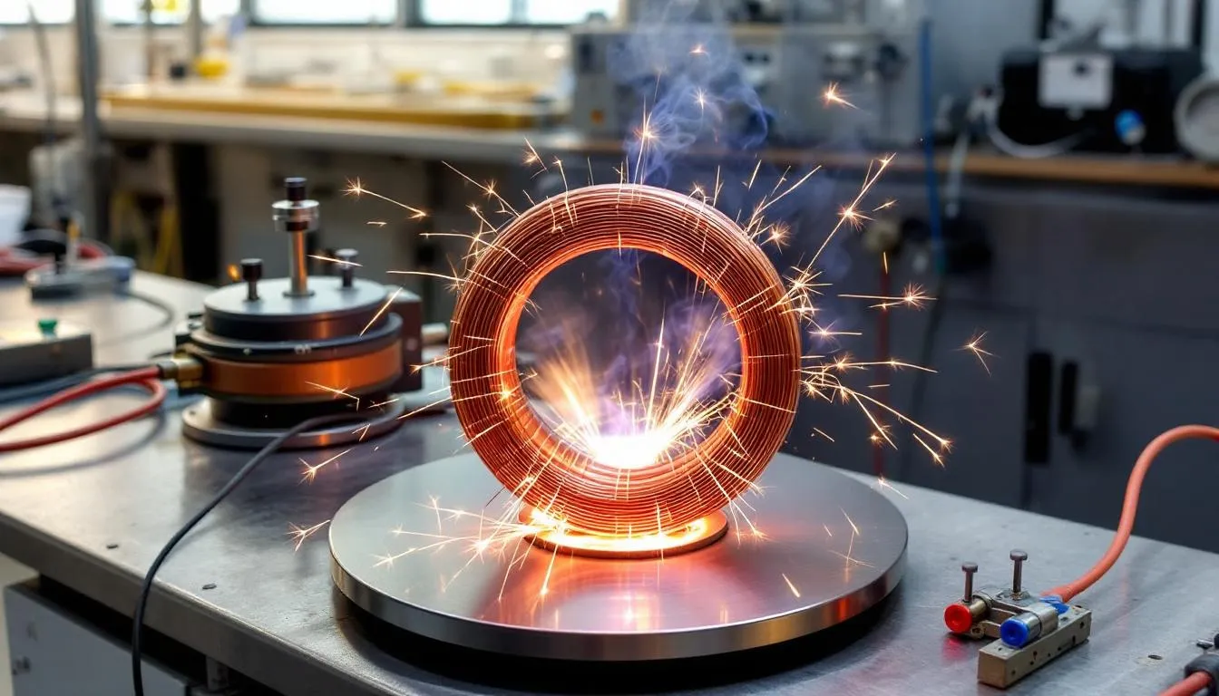 En la imagen se muestra una demostración del principio de Faraday, donde una bobina de cobre está rotando dentro de un campo magnético, generando electricidad a través de la inducción electromagnética. Este proceso ilustra cómo funciona un generador eléctrico al convertir energía mecánica en energía eléctrica.