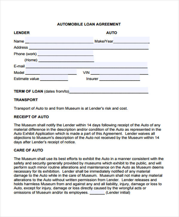 A car loan agreement with a lender