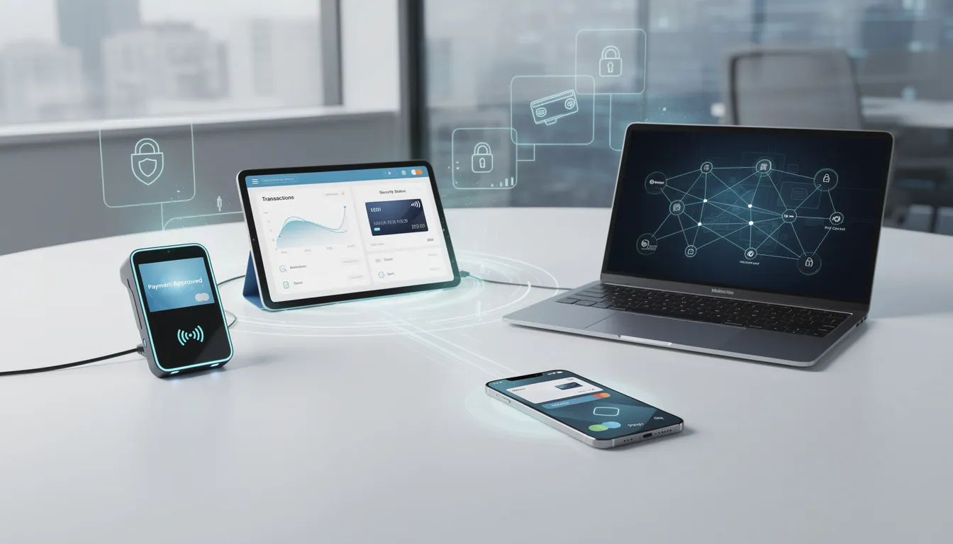 The image depicts a modern payment processing setup featuring multiple connected devices, showcasing a secure payment gateway system for online transactions. It highlights the integration of various payment methods and emphasizes the importance of secure data transmission for customer satisfaction and fraud protection.
