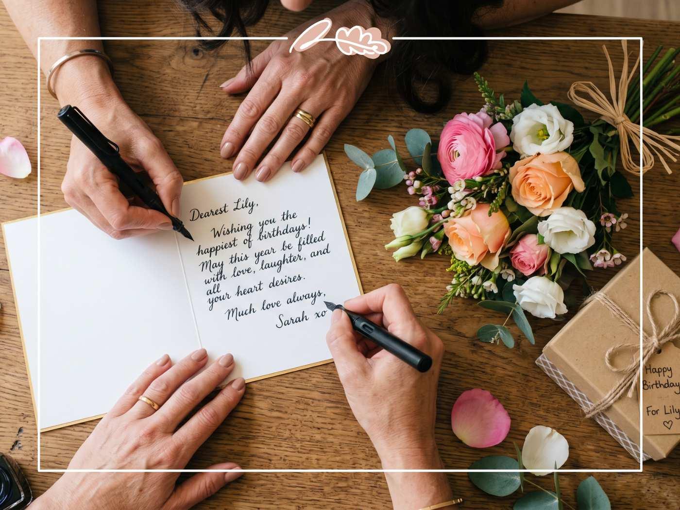 Two women's hands writing a personalised handwritten happy birthday message inside an open card next to a pink and peach rose bouquet from Fabulous Flowers