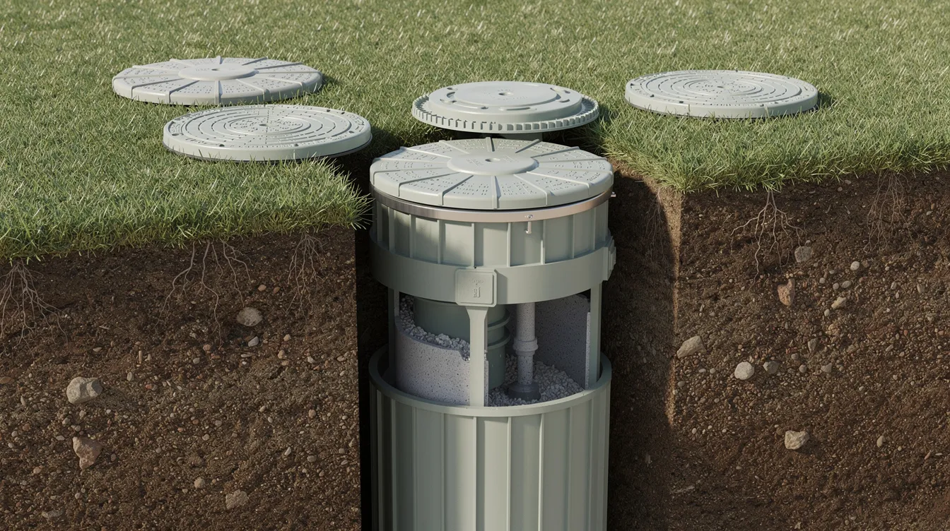 Vue rapprochée d'une cuve de micro-station d'épuration enterrée dans le sol, avec des couvercles visibles au niveau du gazon, illustrant une solution d'assainissement non collectif pour le traitement des eaux usées. Cette installation discrète s'intègre harmonieusement dans le terrain, offrant un système efficace pour les habitations.