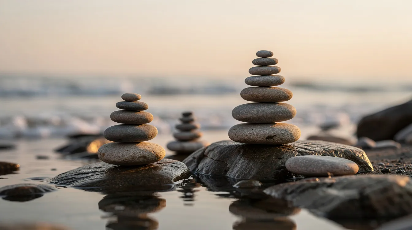 L'image montre des pierres empilées en équilibre sur un rivage, représentant la stabilité et l'harmonie, tout en évoquant l'influence d'un leader qui inspire son équipe à travers la résilience et la confiance. Cette composition naturelle symbolise l'importance de la direction et du management efficace dans la création d'un environnement de travail équilibré.