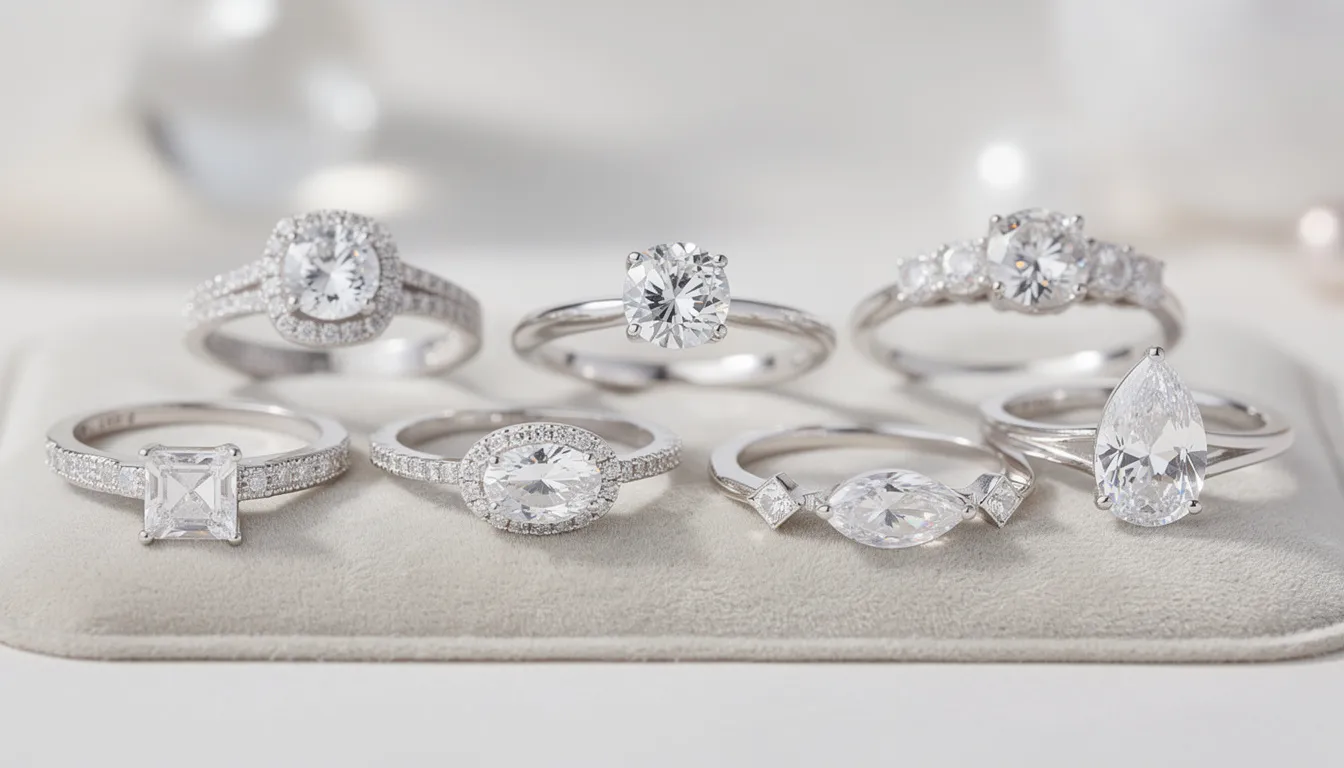 The image showcases a beautiful collection of sterling silver cubic zirconia rings, featuring various designs such as solitaire, halo, and three-stone settings. Each ring highlights the dazzling cubic zirconia stones in popular cuts like round and princess, appealing to different tastes and styles.