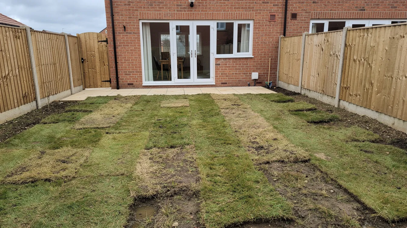 The image depicts a damaged lawn in a new build garden in the UK, showcasing bare patches and compacted ground likely caused by heavy machinery during construction. The grass appears unhealthy, with poor drainage issues evident in the soil structure, indicating the need for proper ground preparation and lawn feed to improve grass growth and establish a healthy lawn.