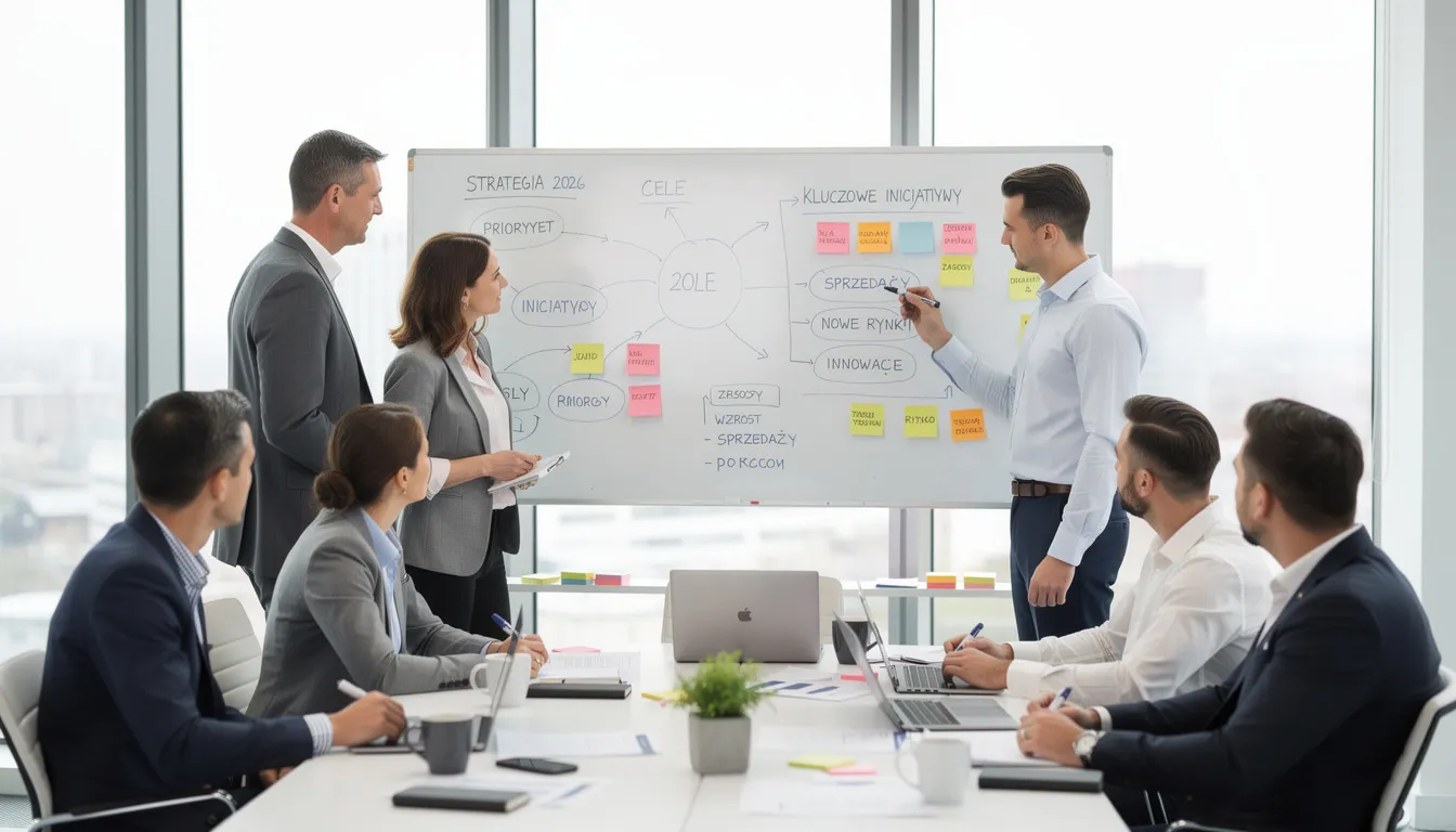 Na obrazie widoczny jest zespół biznesowy podczas warsztatu strategicznego, zgromadzony wokół białej tablicy, gdzie omawiają procesy sprzedażowe i zarządzanie relacjami z klientami. Uczestnicy intensywnie współpracują, aby wypracować rozwiązania CRM, które poprawią jakość obsługi klienta i efektywność działań sprzedażowych.