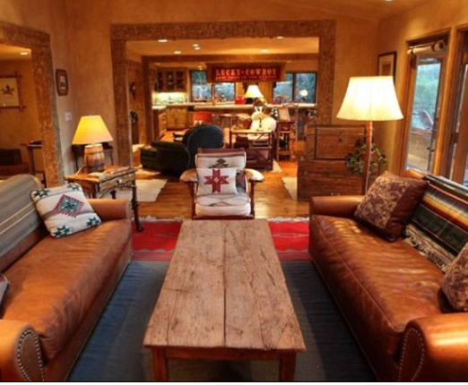 //tim allen's living room with vermont pine flooring, display of french door designs and wide windows