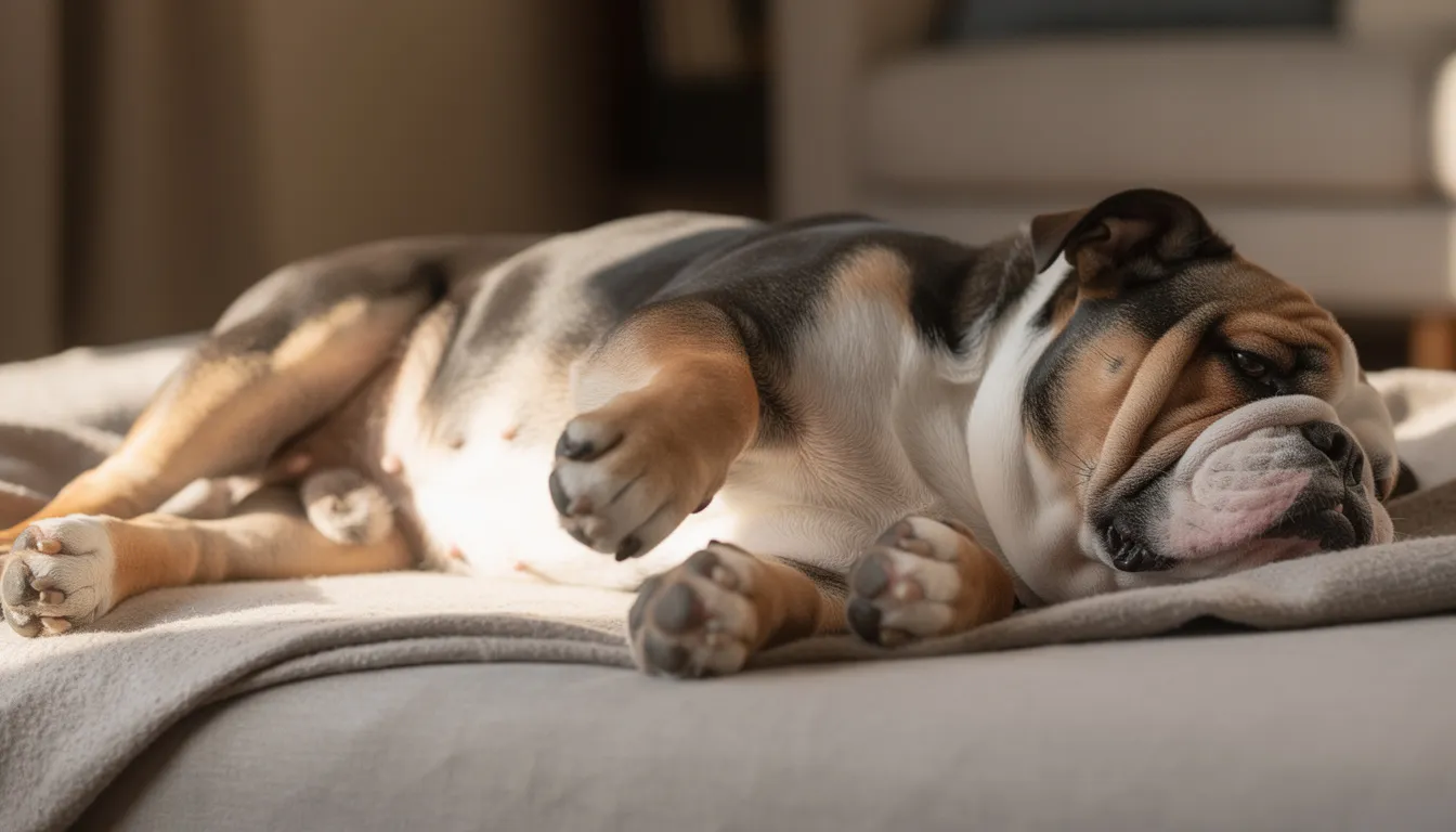 Na zdjęciu leży pies rasy buldog, widoczny z boku, z jasnym brzuchem. Jego sierść jest krótka, a na skórze mogą być widoczne zmiany skórne, które mogą wskazywać na problemy skórne, takie jak ropne zapalenie skóry lub atopowe zapalenie skóry.
