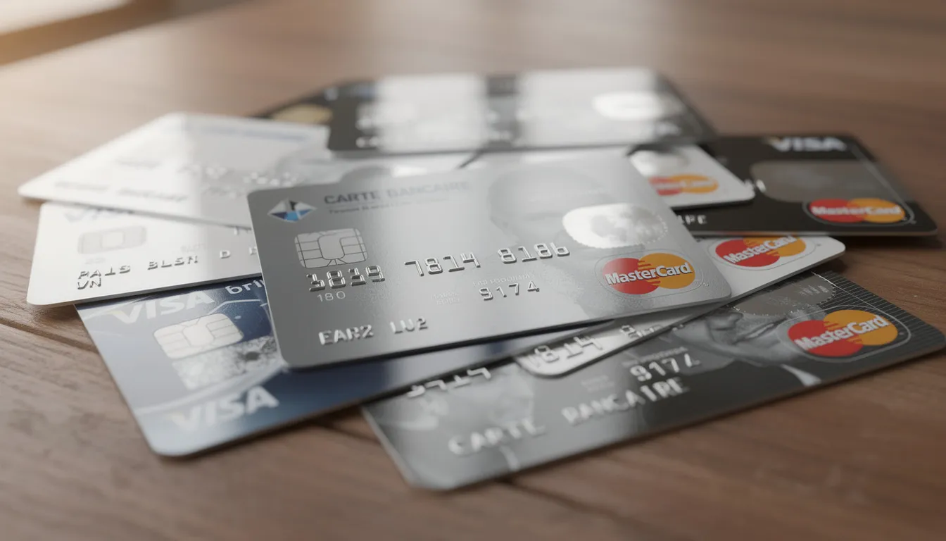L'image montre plusieurs cartes bancaires Visa et MasterCard disposées sur une table, évoquant des moyens de paiement courants tels que les cartes de débit et de crédit, utiles pour des transactions comme la location de voiture. Ces cartes sont souvent nécessaires pour des réservations ou des paiements en ligne.