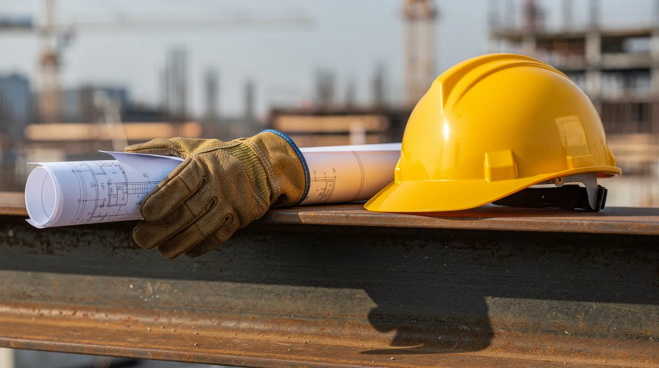 A close-up image shows a construction worker's gloved hands holding architectural blueprints, with a yellow hard hat resting on a steel beam nearby. This scene highlights the importance of risk management in the construction industry, emphasizing the need for effective risk assessment and mitigation strategies among project teams.