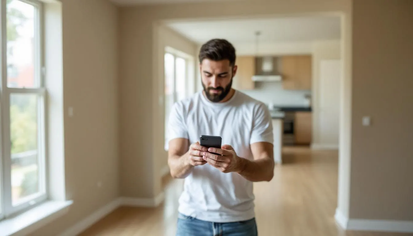 tenant is using a smartphone to take detailed photos of their apartment's condition