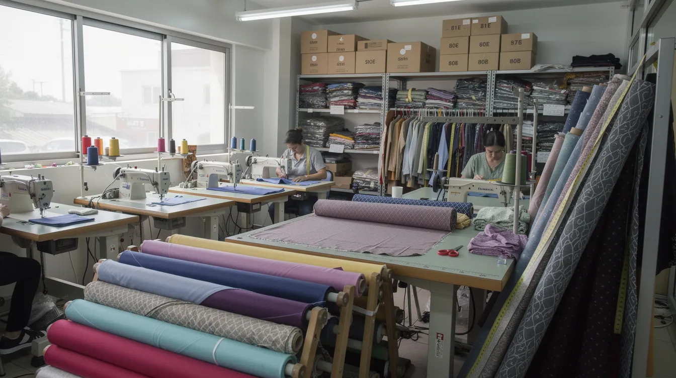 eadbbb2a 4792 41d3 b953 fc83bb773065 The image depicts a small garment manufacturing unit filled with industrial sewing machines and neatly arranged fabric rolls, showcasing a workspace dedicated to clothing production. This setting highlights the essential machinery and materials used in the business, which may be relevant for entrepreneurs seeking information on project reports and funding options like MSME loans or Mudra loans.