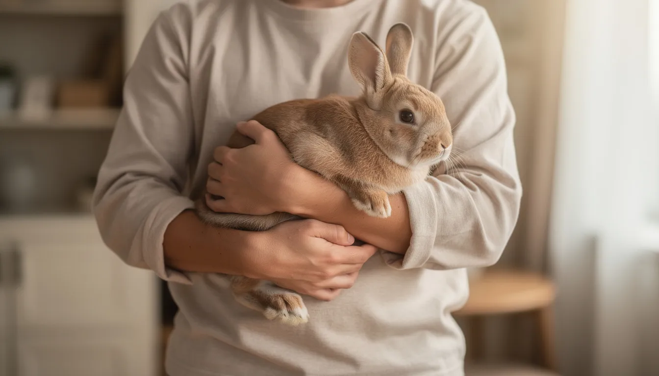 A person is securely holding a rabbit against their chest with both hands, providing gentle pressure to support its body. This position is often used to sex rabbits, allowing for a close examination of the rabbit's genitals to identify whether it is a male or female.