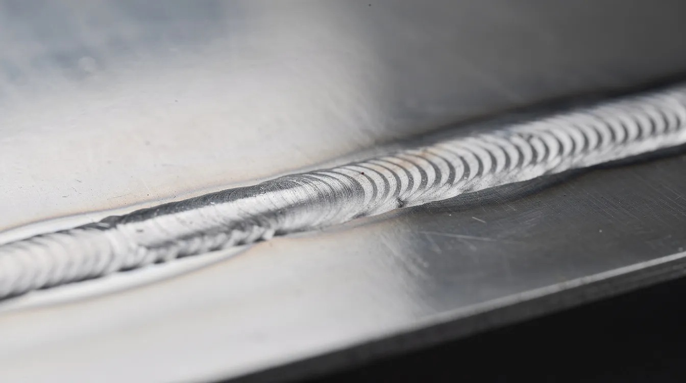 The image shows a close-up of a clean TIG weld bead on a polished stainless steel sheet surface, highlighting the precision and smoothness characteristic of high-quality sheet metal welding. The weld exhibits a consistent appearance with minimal imperfections, indicative of skilled welding techniques and proper heat input control.