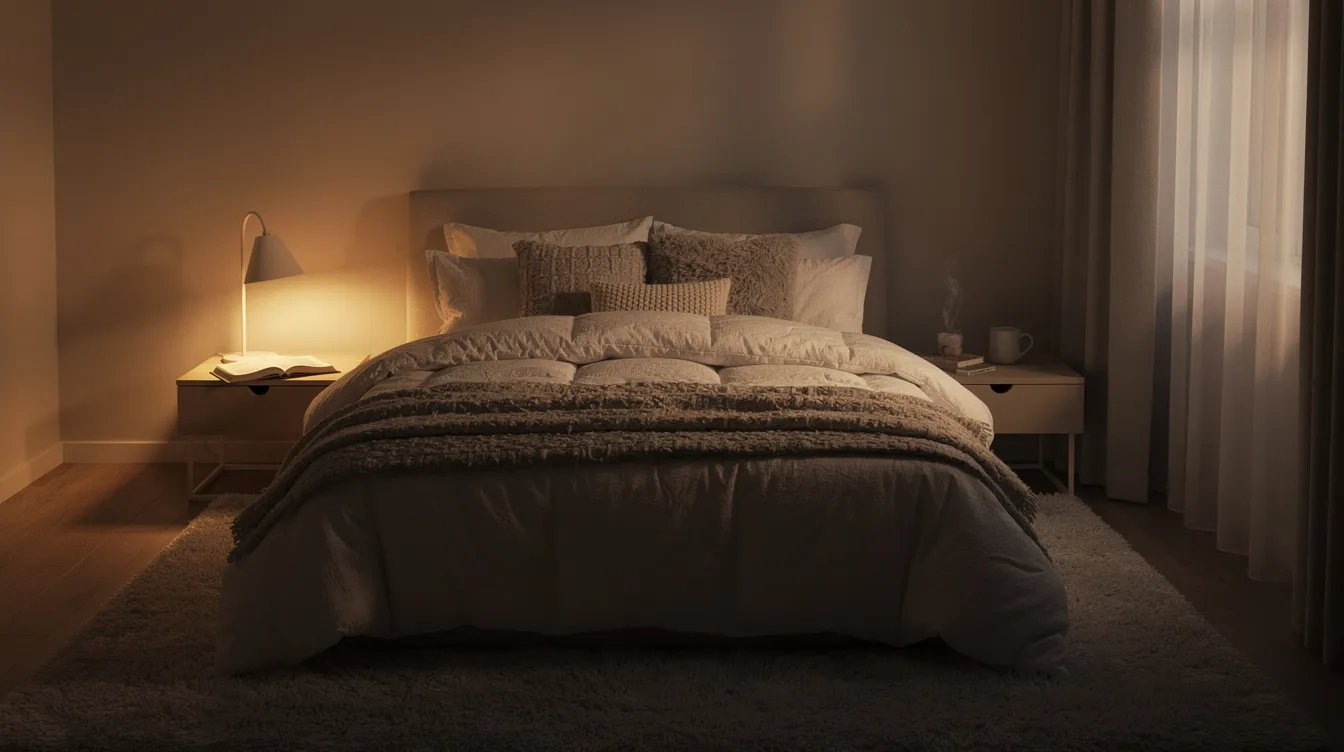The image depicts a cozy bedroom bathed in dim lighting, featuring soft, comfortable bedding that invites relaxation and restful sleep. This serene environment is ideal for promoting quality sleep and is conducive to entering the various sleep stages, including deep sleep and REM sleep, essential for rejuvenation and overall well-being.