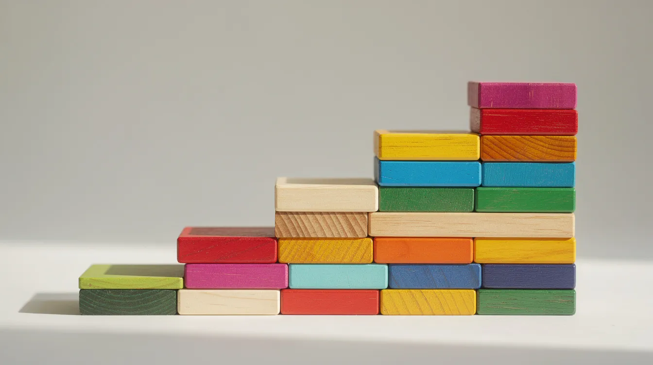 The image features a vibrant arrangement of colorful wooden building blocks stacked in an ascending pattern against a light background, symbolizing the building blocks of real estate investment. This visual metaphor highlights the importance of strong foundations in securing hard money loans and achieving success in fix and flip projects.