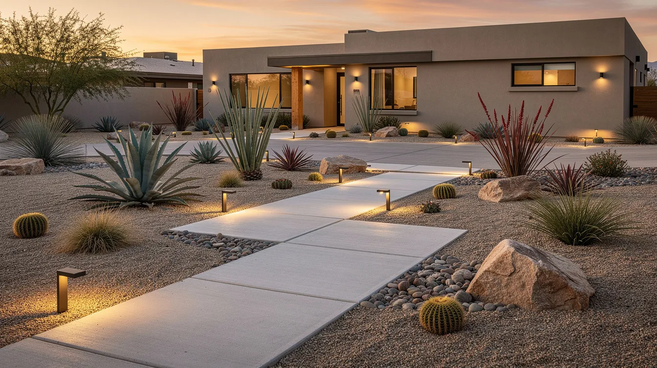 The image depicts a beautifully landscaped desert front yard featuring clean concrete walkways and LED lighting fixtures, surrounded by a variety of drought-tolerant plants, all illuminated by the warm evening light. This outdoor space showcases the craftsmanship of a full-service landscaping company, enhancing the curb appeal of the residential property.