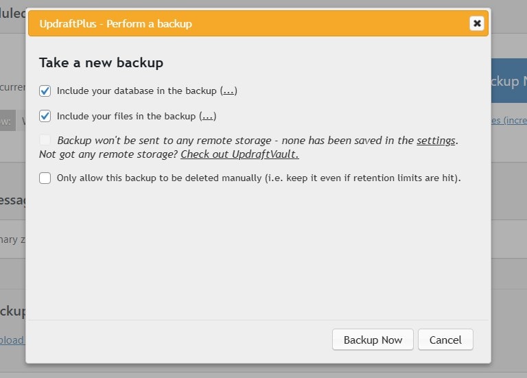 Making a full backup with UpdraftPlus