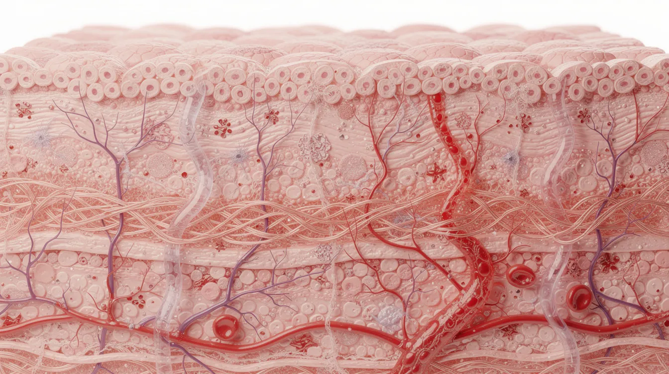 The microscopic image displays tissue healing, showcasing blood vessels branching out through regenerating cells, indicative of the body's natural repair processes, such as new blood vessel formation and tissue regeneration. This intricate view highlights the importance of vascular health and systemic healing in recovery from injuries and inflammation.