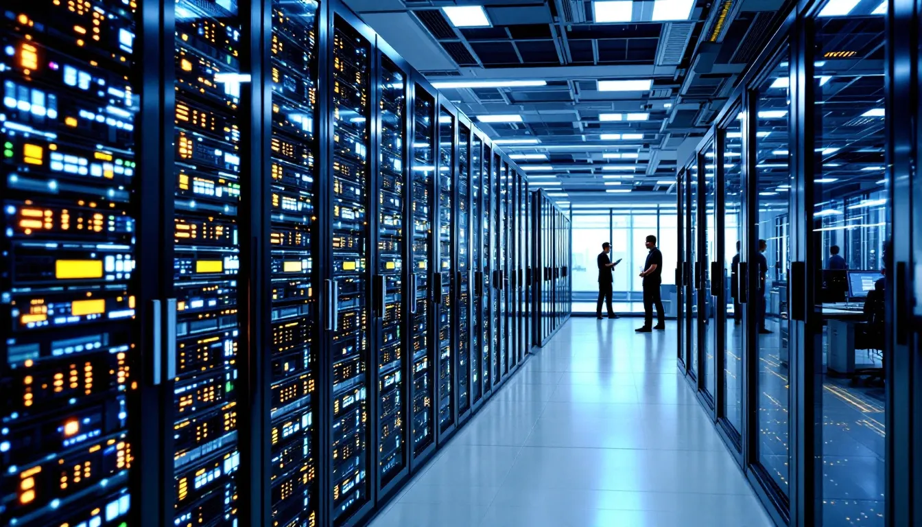 An enterprise data center filled with multiple servers showcases a modern data management infrastructure, emphasizing data integration and security while supporting business users' needs for high availability and disaster recovery in multi-cloud environments. This setup highlights the importance of efficient data strategies and advanced analytics in managing unstructured data and preventing data loss.
