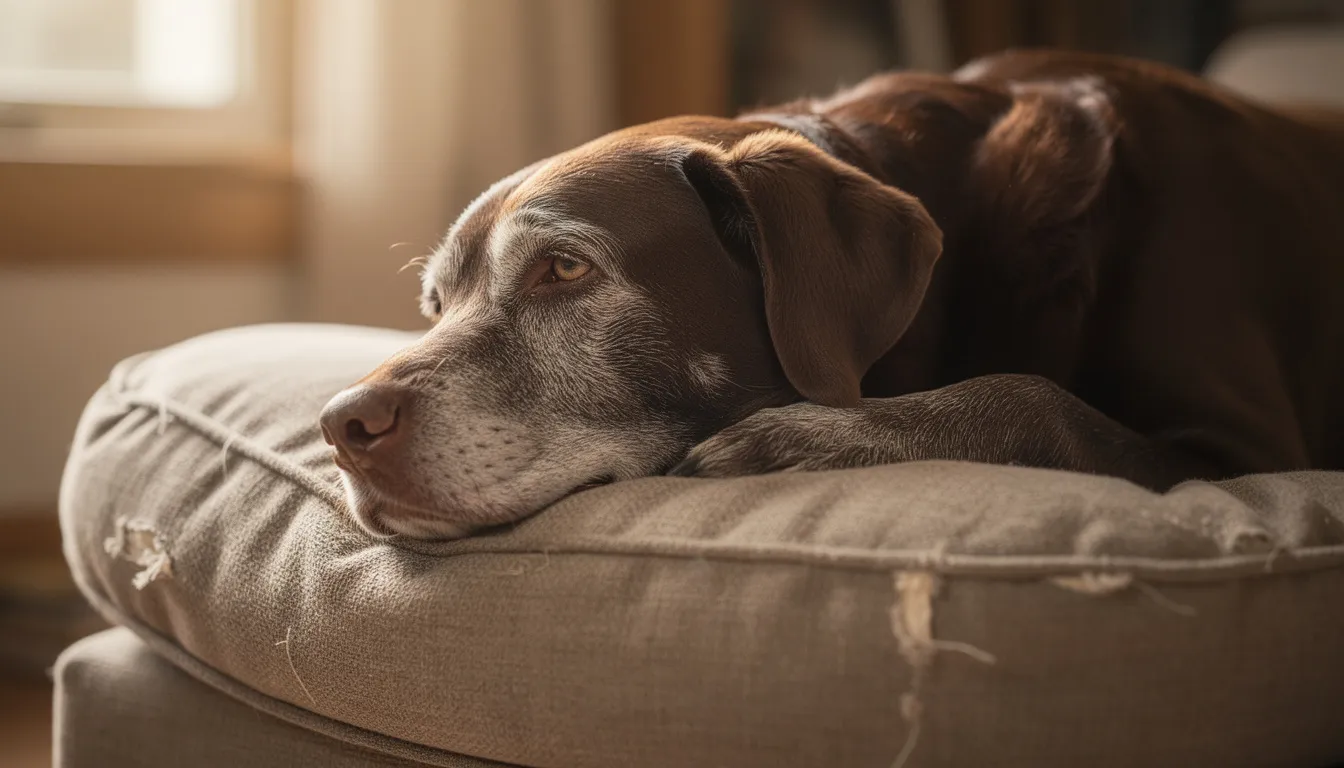 Ein älterer Labrador mit grauer Schnauze liegt entspannt auf einem weichen Hundekissen. Der Vierbeiner strahlt Ruhe und Wohlbefinden aus, was möglicherweise durch die Anwendung von CBD Öl für Hunde unterstützt wird.