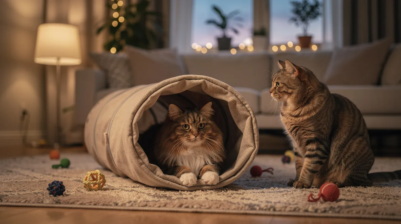 A playful scene in a cozy apartment shows a cat peeking out from a soft covered tunnel, while another cat waits eagerly outside, highlighting the fun of interactive cat toys designed for multiple cats. The plush fabric of the cat tunnel creates a safe and inviting space for feline friends to explore and play together.