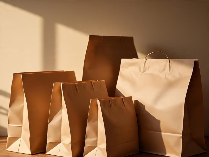 An image showing five plain brown paper bags standing in sunlight against a wall, with one bag having a handle on top.