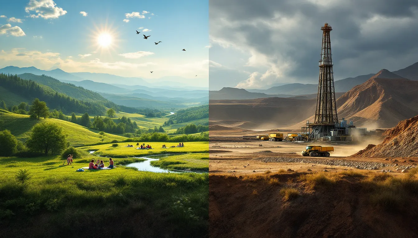 A split image showing surface rights on one side and mineral rights on the other, representing their differences.