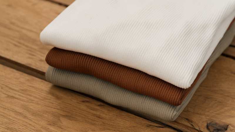 Three folded white and brown rayon cloths on a wooden table