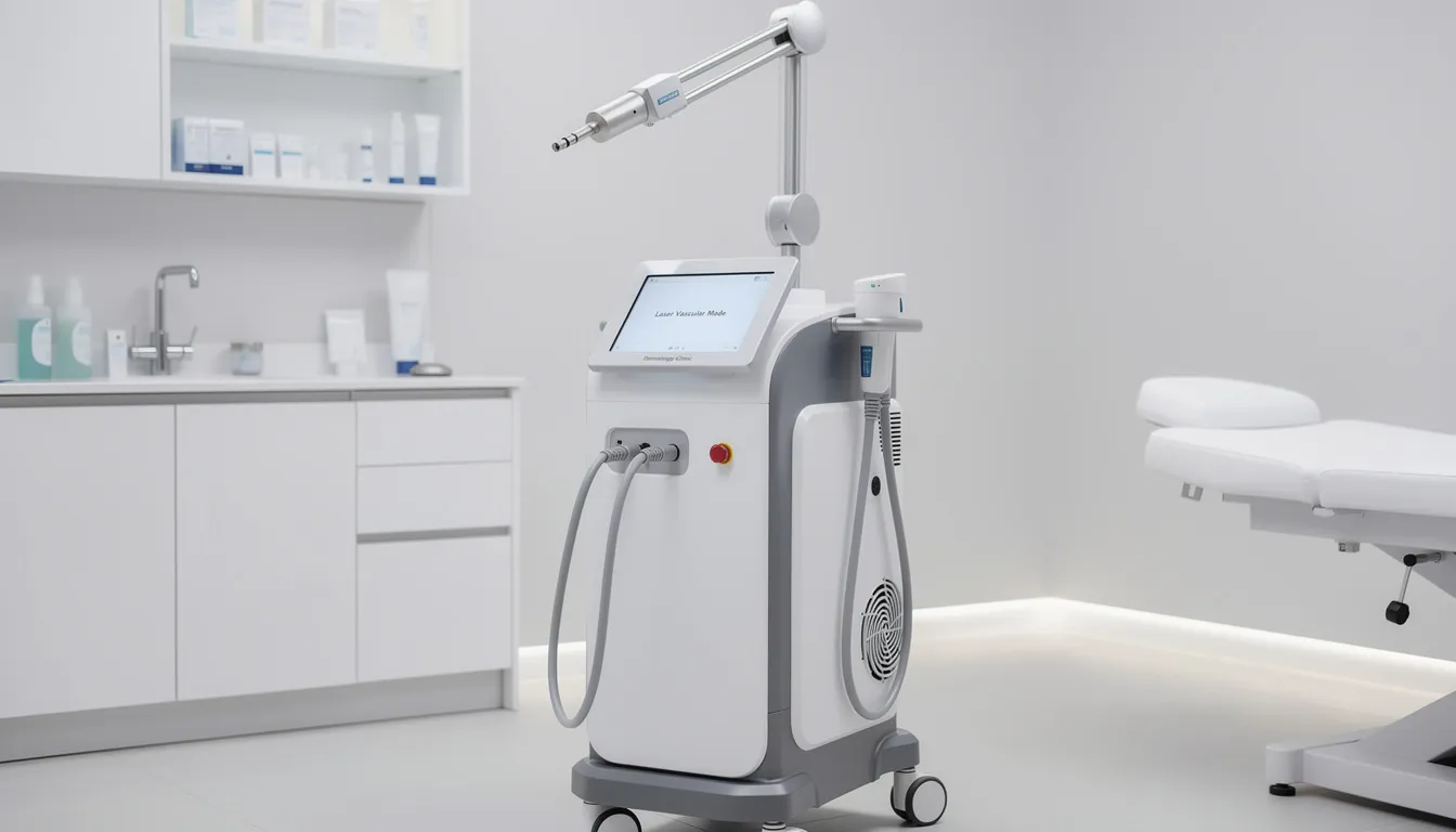 Na zdjęciu znajduje się profesjonalny laser dermatologiczny, który jest wykorzystywany w leczeniu zmian naczyniowych, takich jak trądzik różowaty. Urządzenie to jest częścią nowoczesnych metod terapii, które pomagają w poprawie kondycji skóry oraz usuwaniu objawów trądziku różowatego.