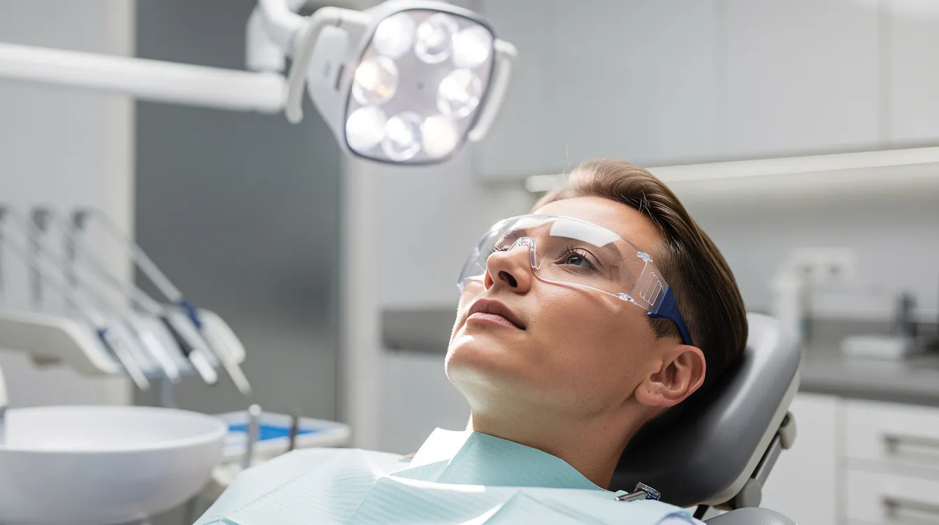 A close-up image shows a person reclining in a modern dental chair, wearing protective eyewear as bright overhead dental lights illuminate their face. This scene emphasizes the importance of professional dental care and the comfortable environment provided during teeth whitening services.