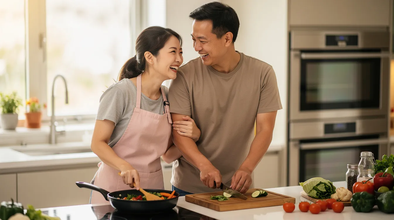 An Asian couple is joyfully cooking together in a cozy kitchen, surrounded by fresh ingredients and kitchen utensils, radiating love and connection. This intimate scene captures the essence of shared experiences, much like the meaningful connections sought on popular dating apps.