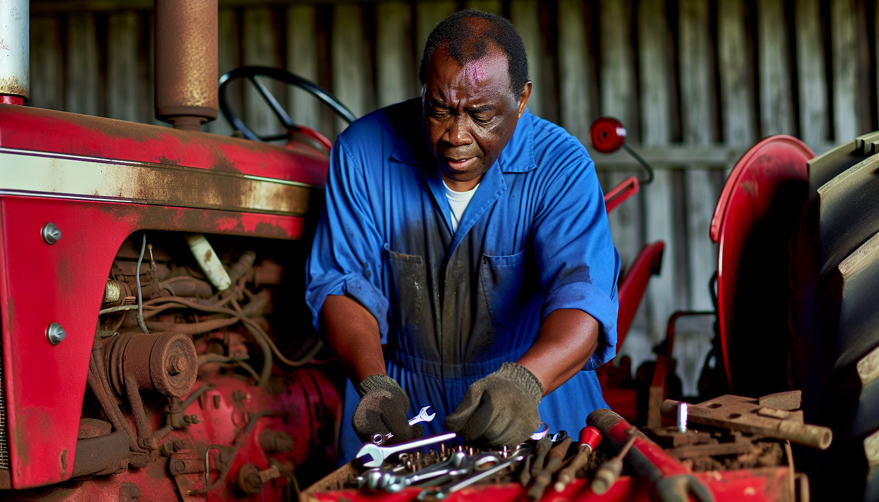A person performing maintenance on a tractor with various tools