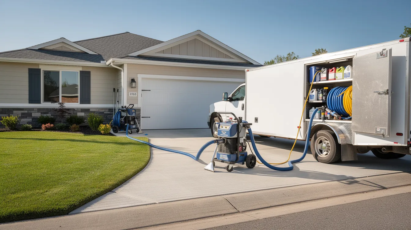 The image shows professional carpet cleaning equipment connected to a white work truck parked in a residential driveway, ready for deep cleaning. This setup indicates a professional carpet cleaner's presence, equipped to tackle tough stains and leave carpets clean and fresh.