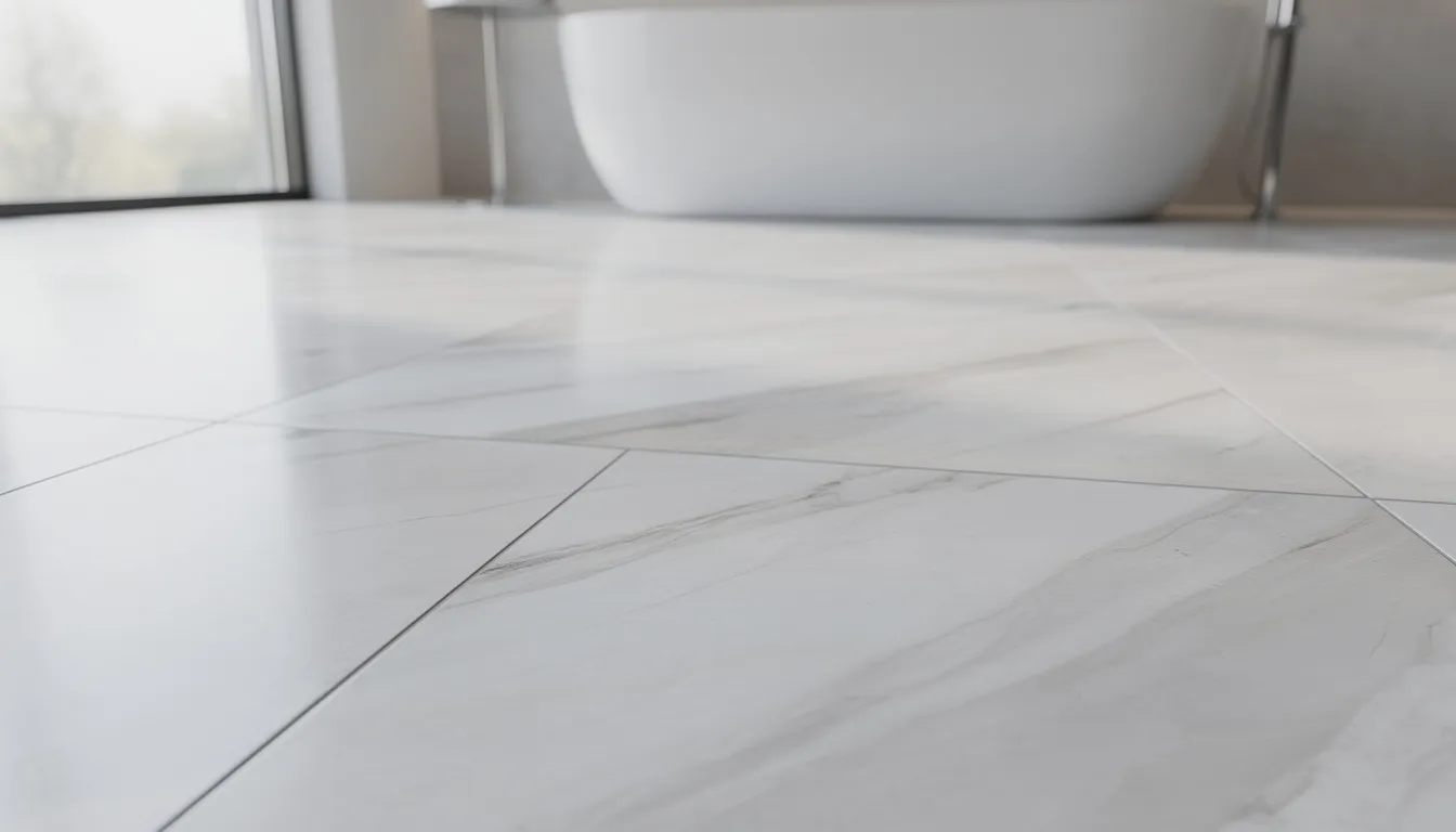 Bathroom Remodeling Ideas: 75+ Ways to Upgrade Your Space in 2026 3 A close-up view of large format marble-look porcelain floor tiles showcases their sleek patterns and elegant finish, ideal for modern bathroom designs. The tiles reflect natural light, enhancing the space's overall aesthetic and functionality.